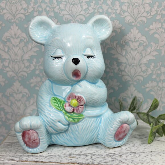 Vintage Ceramic "Piggy Bank" Blue Teddy Bear: Made in Taiwan Nursery Decor - Picture 1 of 8